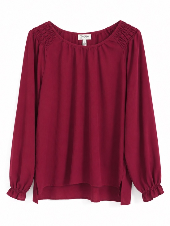 Jessica Simpson Tops - Jessica Simpson Women's Burgundy Long Sleeve Smocked Shoulder Blouse Size L Boho